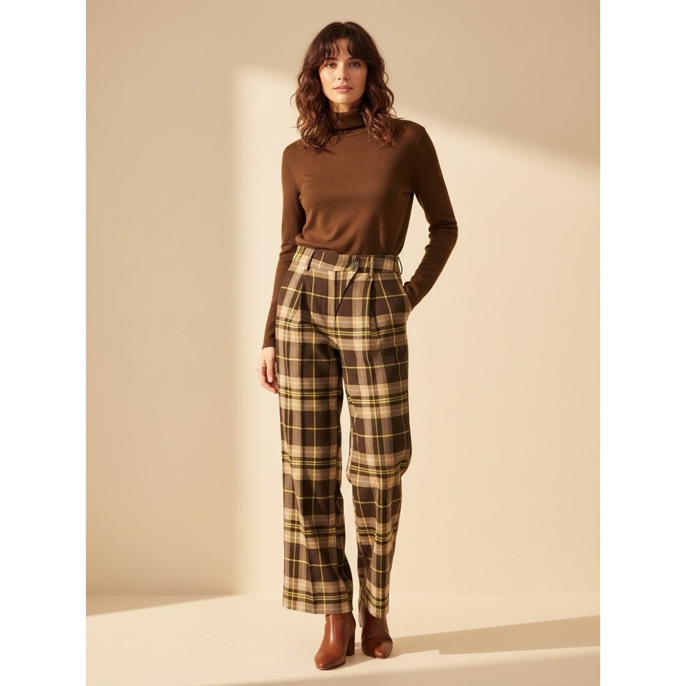 New York & Company Plaid Wide Leg Pants Brown Tan Yellow Medium Y2K